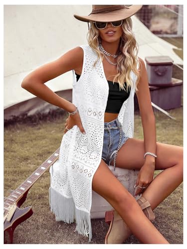 Image of MakeMeChic Women's Fringe Vest Sleeveless Crochet Open Front Vintage Western Sweaters Cowboy Cardigan