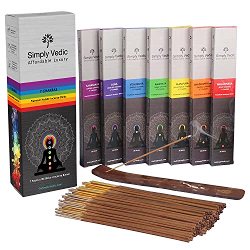 Simply Vedic 7-Chakra 140 Bâton d'encens avec brûleur d'une durée de 60 Minutes chacun pour la méditation, Le Yoga, Le Reiki, la guérison, Le Nettoyage aromathérapie (20 bâtons x 7-Chakras) Cover