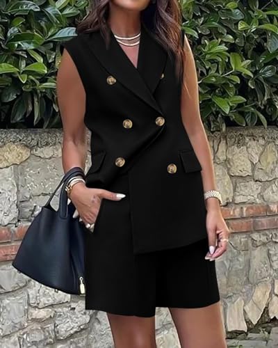 Women's Casual 2-Piece Set: Sleeveless Blazer Vest & Shorts with Lapel & V-Neck Buttons - Perfect for Office & Leisure3