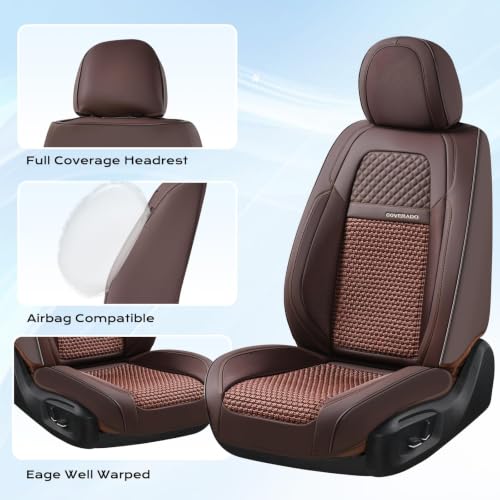 Image of Coverado Leather Seat Covers Front, 2-Pack Universal for Cars, Waterproof Luxury Leatherette Cushions, Auto Protectors, Fit for Most Vehicles - Brown