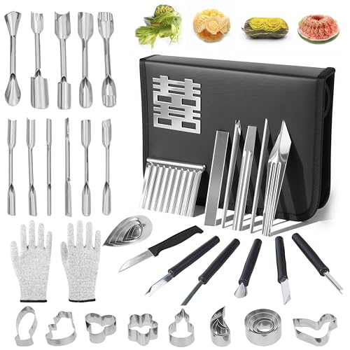 48-Piece Stainless Steel Fruit & Melon Carving Tools Set with Gloves - Watermelon Sculpting Kit, Ergonomic Handles, Portable Case for Culinary Arts, Sculpting, Peeling