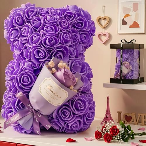 Otlonpe Mothers Day Rose Bear Gifts for Mom - Women Gifts for Mothers Day Christmas Valentines Anniversary Birthday - Cute Roses Flowers Bear Gift for Girlfriend Wife Daughter Mom 9-inch (Purple)