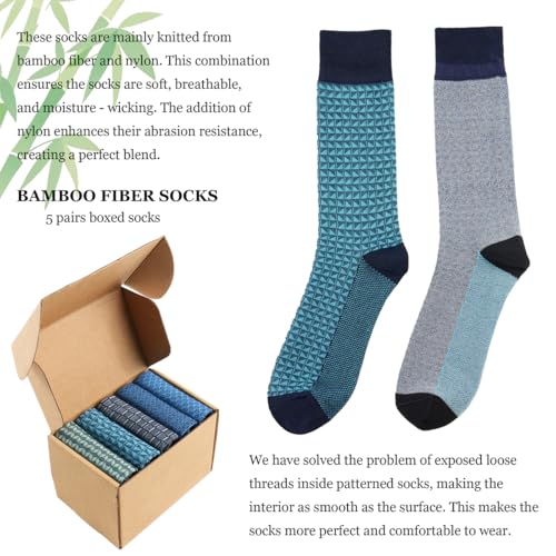 Men's Dress Socks - Premium Bamboo Fiber Patterned Socks, Business Casual, 5-Pair Crew Socks2