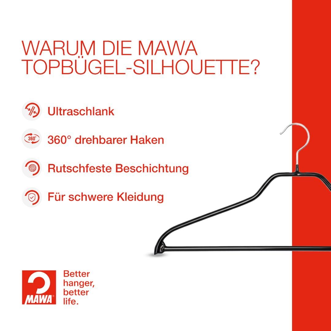 MAWA Kleiderbügel Silhouette FS, Set aus 10 platzsparende und rutschfeste Kleiderbügel mit Hosensteg, ideal für Hemden, Jacken, Hosen & Anzüge, 45 cm, Schwarz