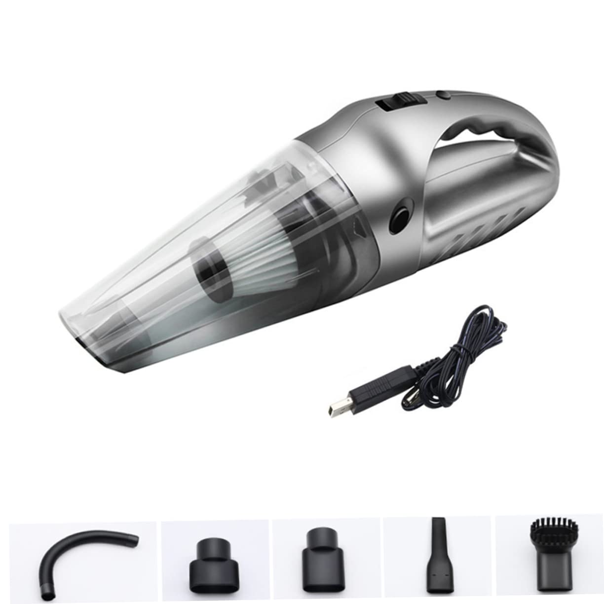 Cabilock Aspiradora de Mano para Coche Portátil Mini en Abs Plata | Uso en Seco y Húmedo, Cable de Carga USB Incluido, Formato Compacto para Migas y Pelo