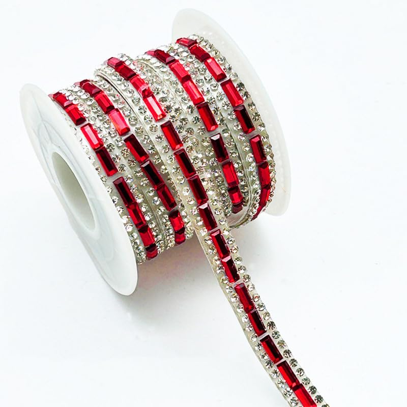 3 Yards Red Rhinestone Gem Ribbons 7MM Self Adhesive Glass Rhinestone Strips,Gemstone Embellishments for DIY Glitter Clothing