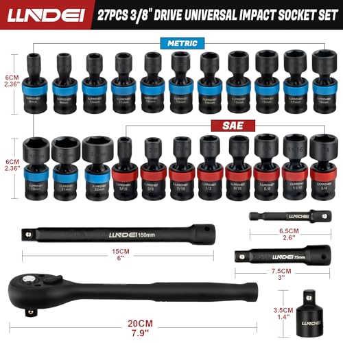 Image of LLNDEI 27Pcs 3 /8 inch Drive Swivel Impact Socket Set, CR-MO Swivel Socket Set Metric(8-22mm)& SAE(5 /16-3 /4),6 Point Wobble Socket Set with Ratchet Wrench, Extension Bar and Adapters.