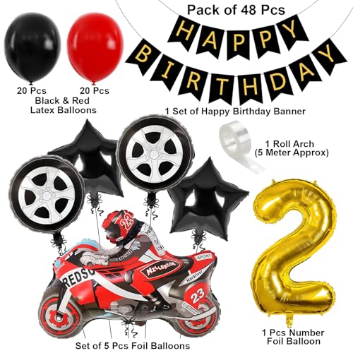 Image of Race Car Theme 2nd Birthday Decoration Kit with Happy Birthday Paper Banner, Bike Foil Balloon & Number 2 Foil Balloon, Two Year Party Decoration Set for Boys Set of 48 Pcs
