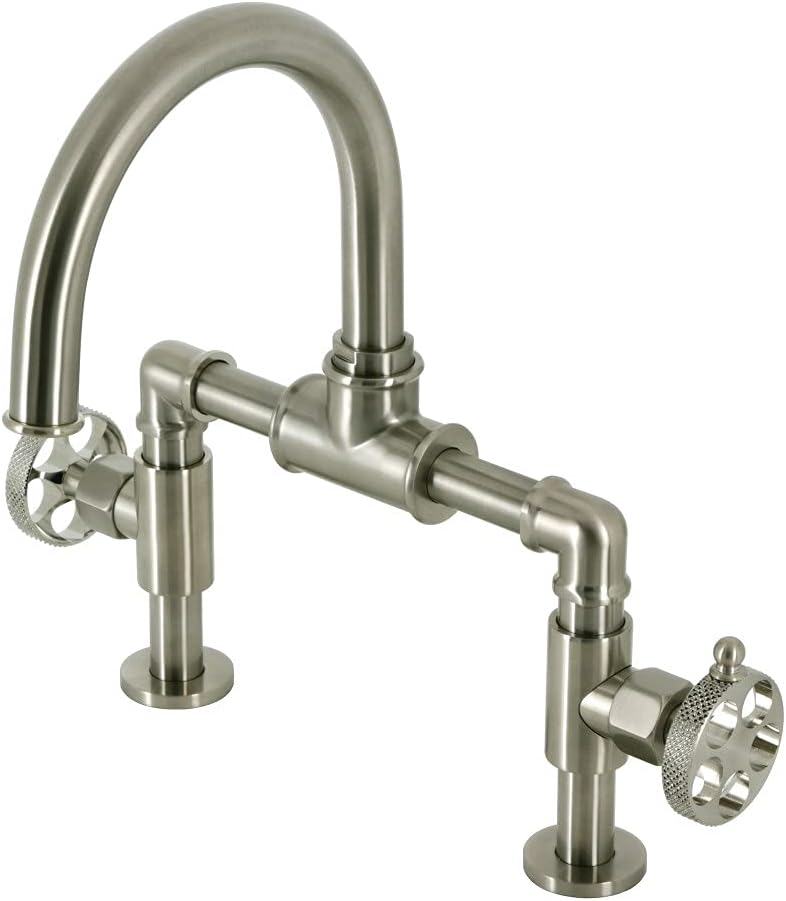 Kingston Brass KS2177RKX Webb Two-Handle 2-Hole Deck Mount Bridge Bathroom Faucet with Knurled Handle and Push Pop-Up Drain in Brushed Brass