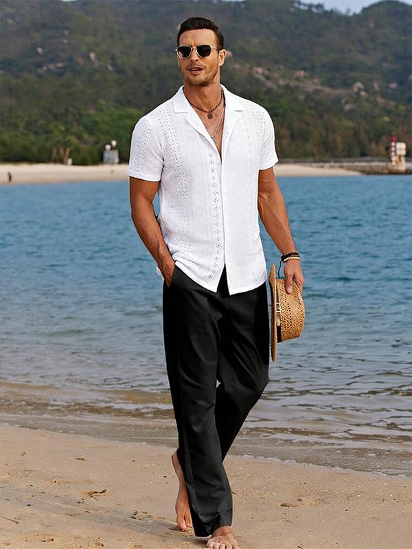 Men's Knit Button Down Shirt Short Sleeve Vintage Textured Shirts Summer Casual Beach Tops - Image 3