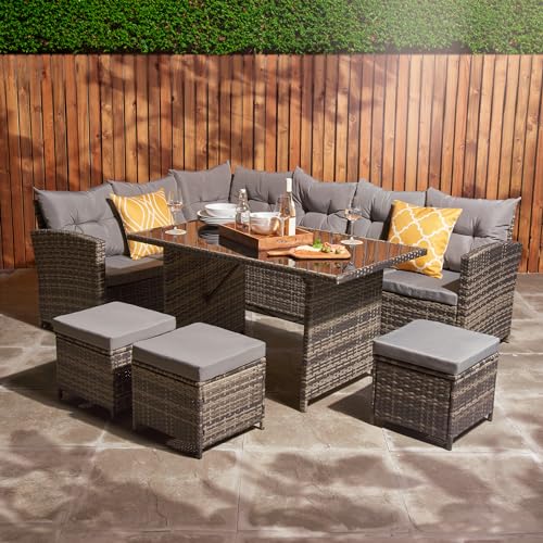 Home Treats Rattan Garden Furniture Set 9 Seater | Outdoor Furniture Set L Shape | Patio Dining Set With Corner Sofa, Table, Stools | Grey Cushions Garden Lawn Furniture Set