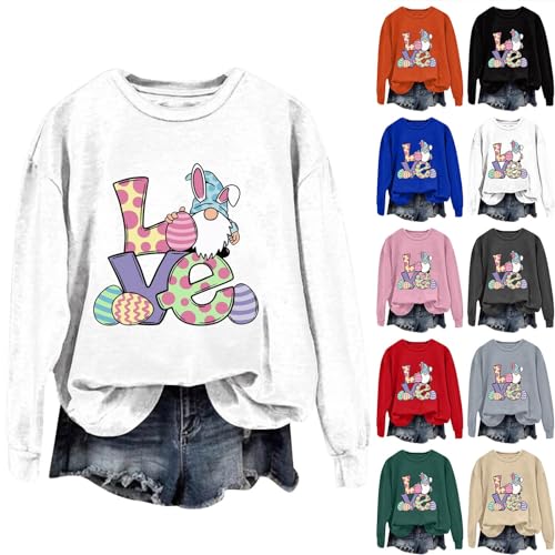 PKDong Moletom feminino de Páscoa fofo com estampa de amor, manga comprida, gola redonda, estampa de
