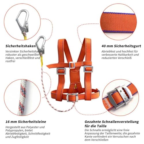 Absturzsicherung Sicherheitsgurt, Fallschutz Sicherheitsgurt mit 2M Seil, Fallschutz Absturzsicherungsgurt, Klettergurt Herren Tragfähigkeit 100 kg, Auffanggurt Dachdecker, Industrie, Höhenarbeit