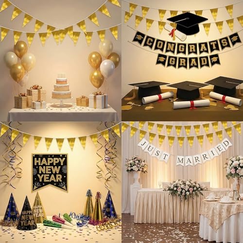 Image of 40M /130FT Gold Triangle Pennant Banner Flag Metallic Fabric Bunting Garland for Christmas Graduation Wedding Engagement Anniversary Bachelorette Birthday Bridal Shower Valentines Hen Party Supplies