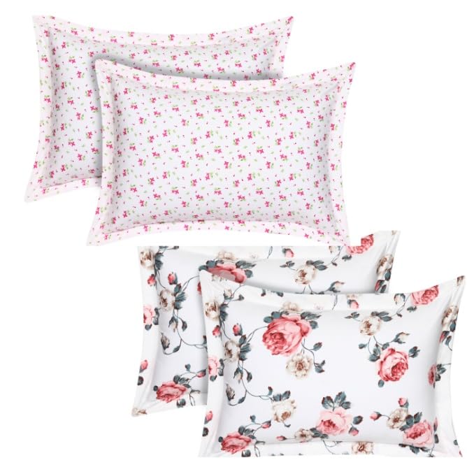 HOUSE FOX Floral Zipper Cotton Pillow Covers/Cases/Protectors (NOT Pillow) Set of 2 Pair Or 4 Pcs,Size -18x28inch with Zip/Chain,300 TC,Color - White,Pink, red