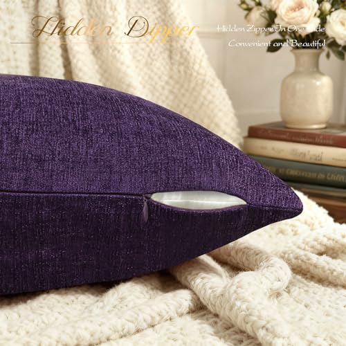 Image of BRAWARM Pack of 2 Bolster Pillow Covers Cases for Couch Sofa Home Decoration Solid Dyed Striped Soft Chenille 12 X 20 Inches Plum Purple