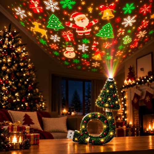 Proyector Techo para Árbol Navidad, Proyector Navidad Plug and Play, Lámpara Árbol Flexible, Decoración Lámpara Techo Proyector Navideño Resaltado, para Hogar，Verde