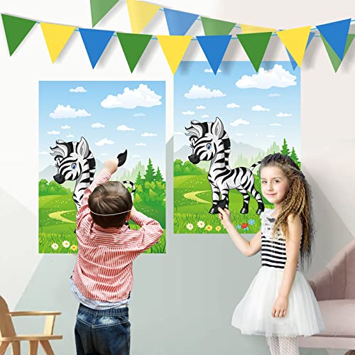 Astaron 2 Sets Pin The Tail On The Zebra Jungle Animal Party Game Zoo-Themed Birthday Party Supplies 2 Posters 21"X 28" With 48Pcs Tail Stickers Kids Wall Home Decor #TOP3