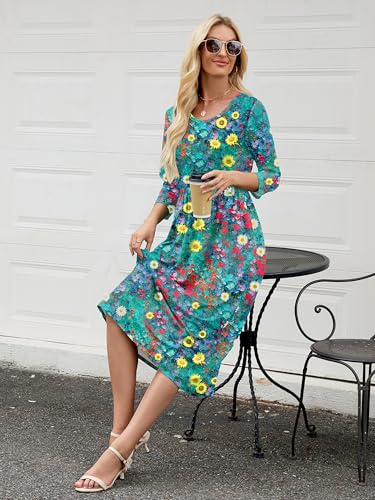 Image of Heymoments Women's Casual 3 /4 Sleeve Midi Dress Crewneck A Line Tiered Flowy Loose Travel Long Dresses with Pockets