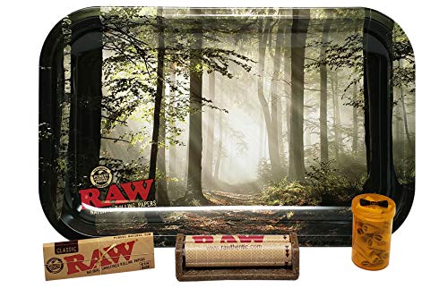 RAW Rolling Tray Small (Smokey Forest) with RAW 1 1/4 Rolling Papers, 79mm Roller and Pre Rolled Tips and Hippie Butler Flip Top Storage Container