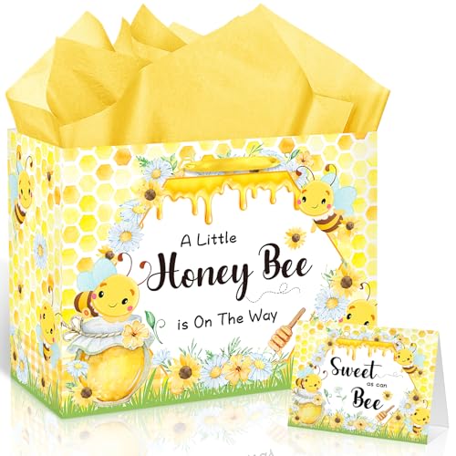 Bee Baby Shower Birthday Gift Bag for Baby Girls Boys A Little Honey Bee is on the Way Bag with Wrapping Paper Card Sweet As Can Bee Gift Bags for...