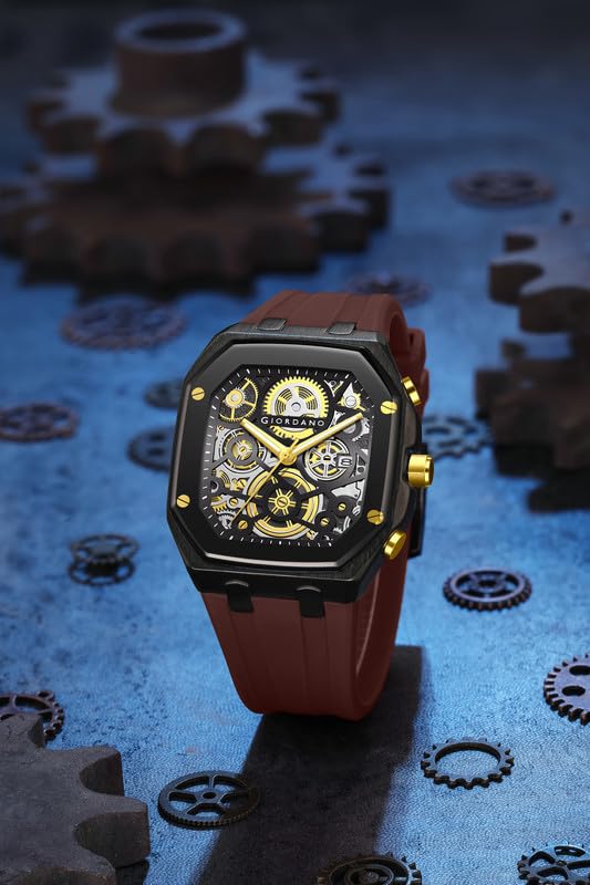 Image of Giordano Analog Quartz Watch for Men with Octagonal Skeleton Dial, Exposed Gear Design, Date Display and Silicone Strap - GZ-50221