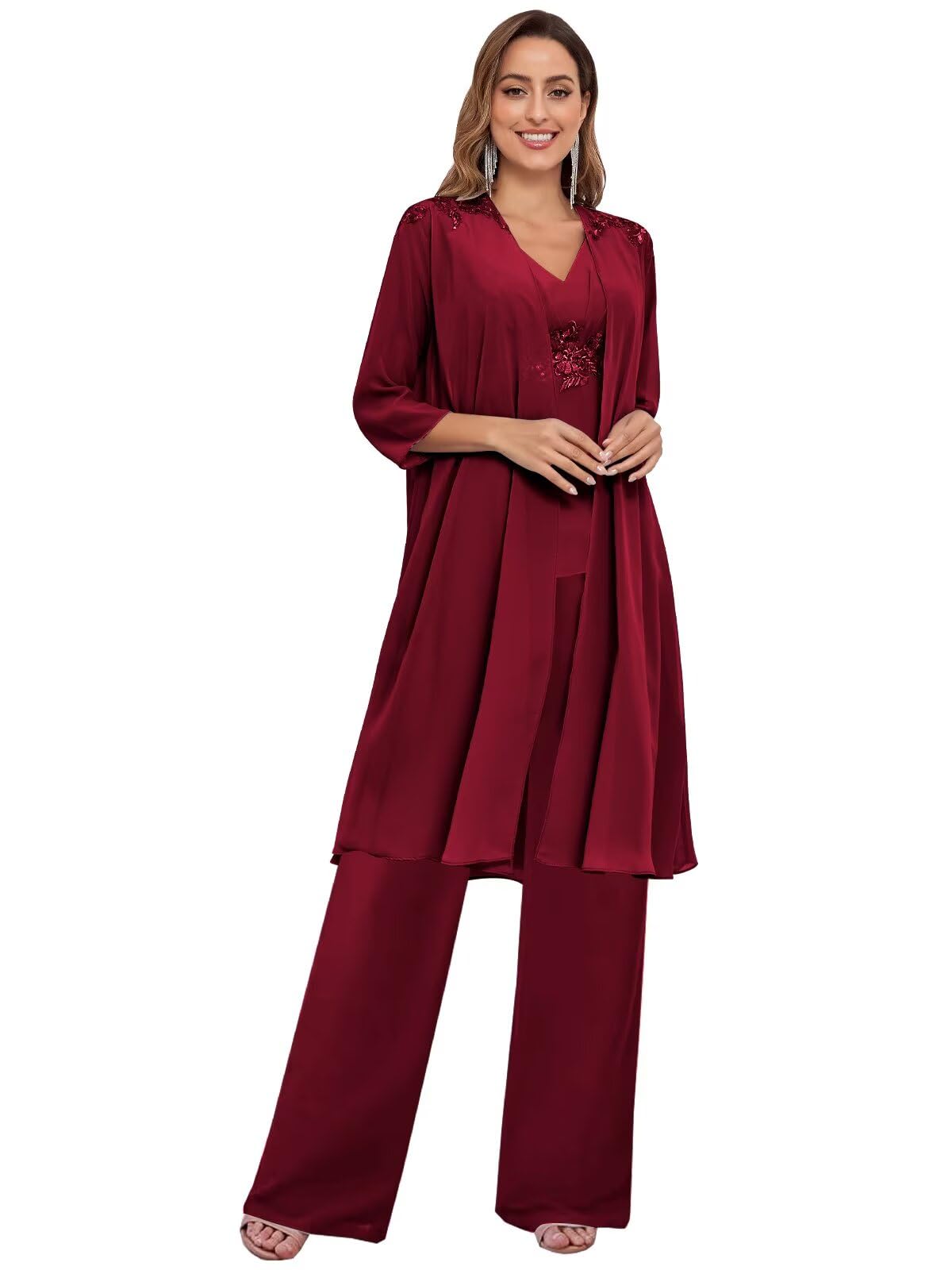 3 Pieces Mother of The Bride Pant Suits for Women Chiffon Appliques Formal Outfit