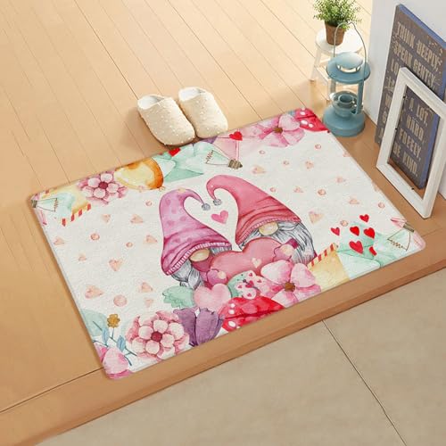 Heart Gnomes Kitchen Bath Door Mat Cushioned Runner Rug,Washable Welcome Floor Sink Antifatigue Mat,Waterproof & Non-Slip Comfort Standing Doormat for Kitchen,Valentine's Day Love Word Flower 18