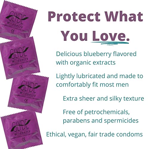 Glyde Wildberry Flavored Ultra Thin Condoms - 4 Count - Organic Flavor Extract, Ultra-Thin, Vegan, Non-Toxic, Medium Size Natural Rubber Latex, 53Mm Yummy Standard Fit #TOP5
