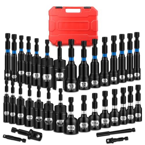 BLACKROBOT Impact Magnetic Nut Driver Set, 34-Piece Metric & SAE Driver Bit Set, Deep Nut Driver Set, 1/4'' Quick Change Cr-V Steel Hex Nut Drivers with Sturdy Tool Box