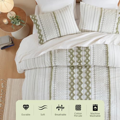Image of Ink+Ivy Queen Duvet Cover Set Boho Chenille Tufted Cotton Duvet Cover for Queen Size Bed, All Season Queen Size Bedding Cover, Matching Shams, Imani, Full /Queen Sage Green /Ivory 3 Piece