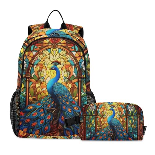 Backpack Peacock Stain Glass for School Girls Boys, Backpack for Women Men, Lightweight Bookbag with Lunch Box Travel Laptop Daypack 18.5” x 11.8”