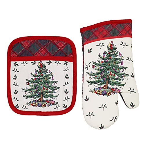 Spode - 2pc Kitchen Set, Oven Mitt & Pot Holder, Holiday Home Decor (Spode Christmas Tree...