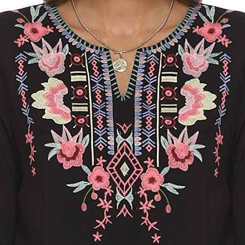 Ak Women's Mexican Boho Embroidered Tops Long Sleeve Peasant Casual Loose Tunics Fall Blouse Shirts For Women (As1, Alpha, S, Regular, Regular, 367-Black) #TOP2