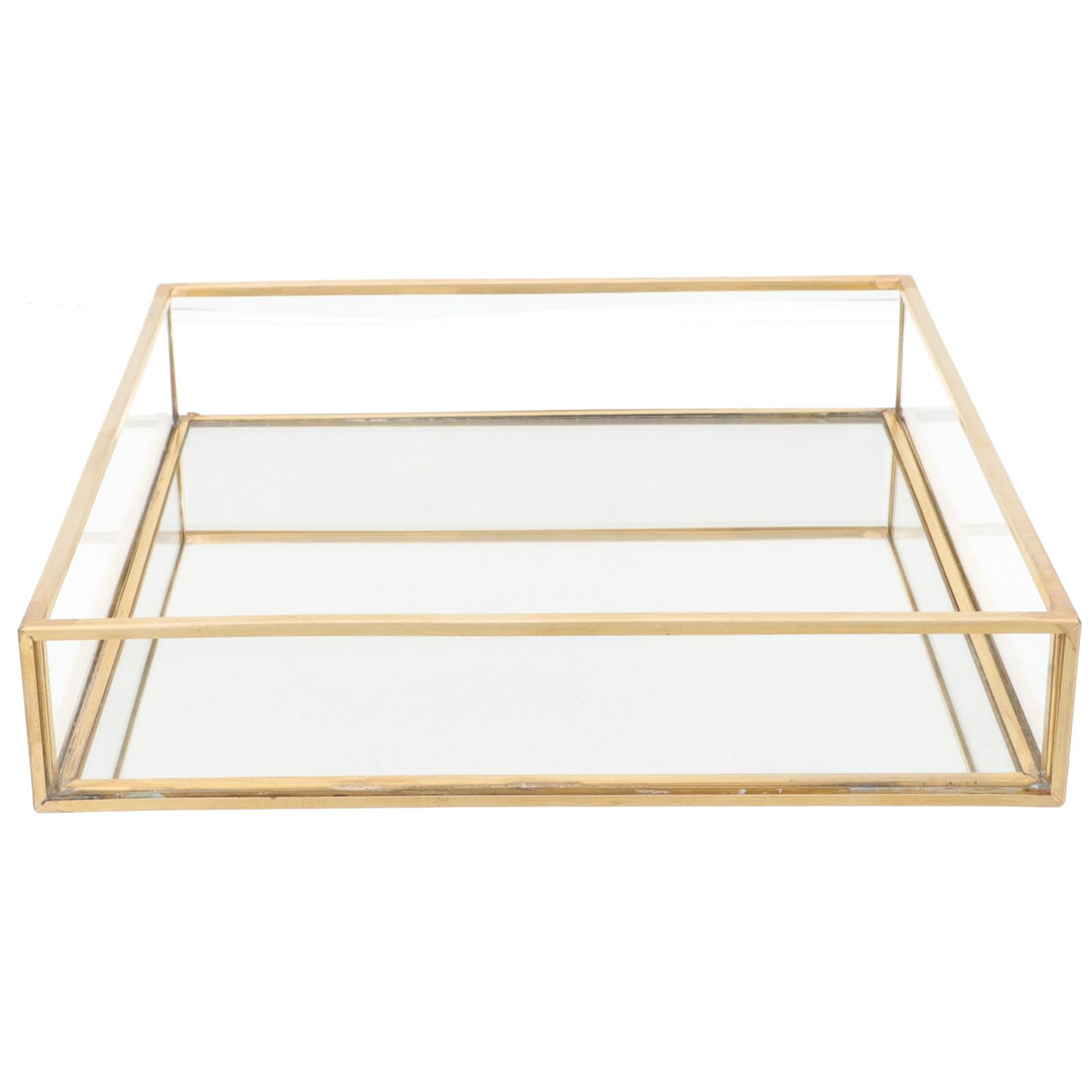 Abaodam Organizer Per Profumi e Vassoio Per Gioielli in Vetro Trasparente Bordo in Ottone, Piatto Quadrato 20x20 Cm Per Bagno e Comò