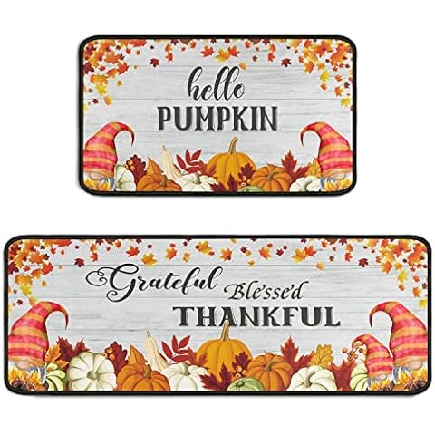 Fall Kitchen Rugs 2 Piece Set Thanksgiving Kitchen Mat Non-Slip Rubber Backing Area Rug Washable Floor Mats Kitchen Decor, 17" x 48"+17" x 24" Cover