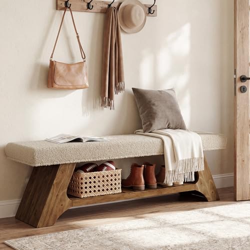 Tribesigns 55' Solid Wood Bench with Cushion and Shoe Storage, 2-Tier Upholstered Entryway Bench Farmhouse Entry Way Bench for Bedroom, Hallway, Natural Wood