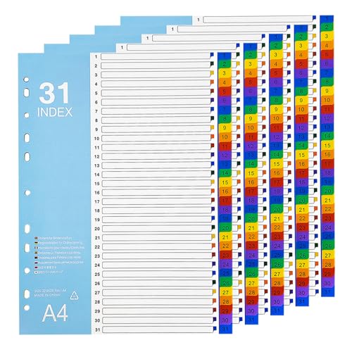 Intercalaires 1-31 en plastique multicolore pour classeur à 3 anneaux x5