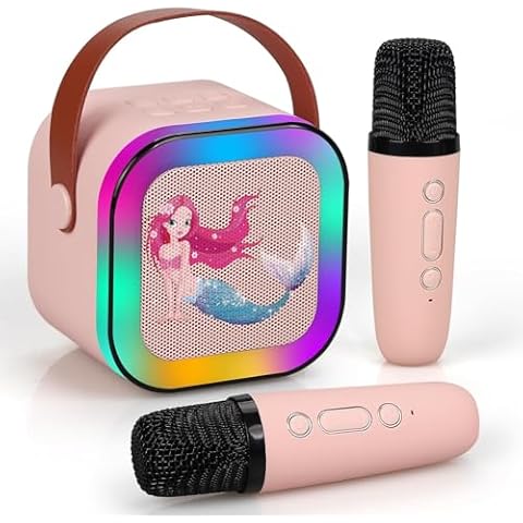 UNIH Mini Bluetooth Karaoke Machine for Kids, Portable Karaoke Speaker with 2 Wireless Mics, Toys for Girls Boy Ages 4, 5, 6, 7, 8, 9, 10, 12 +Year Old Festival Birthday Party（Pink Cover