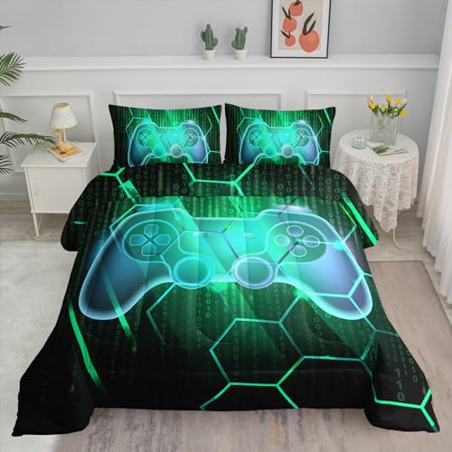 Axolotl Gaming Comforter Set Twin Size Number Video Gaming Gamer Bedding Set Boys Game Console Comforter Set Geometry Hexagonal Bedding Set for Teens Men Adults 1 Quilt 2 Pillowcases Green Black