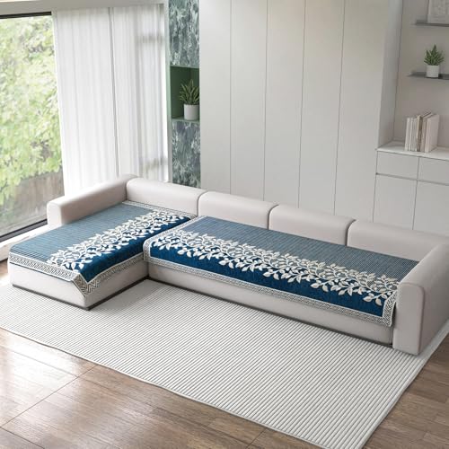 Image of Nendle Superior Velvet Floral Sofa Mat 5 Seater Set Durable Protector for Living Room Mat 3 Seater and 2 Seater, Suitable for L Shape, Sectional and U Shape Sofa (Blue, Pack of 2)