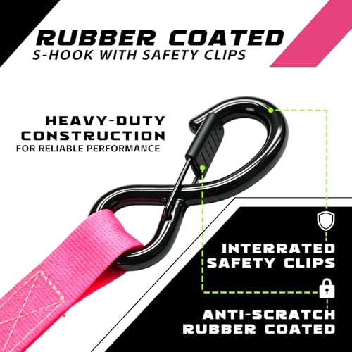 Image of Retractable Ratchet Straps 1 inch x 13Ft, Heavy Duty Self Retracting Tie Down Straps, 1800lb Break Strength Auto Retract Cargo Straps for Truck, Trailer, Motorcycle, ATV, UTV, (Pink, 2 Pack)