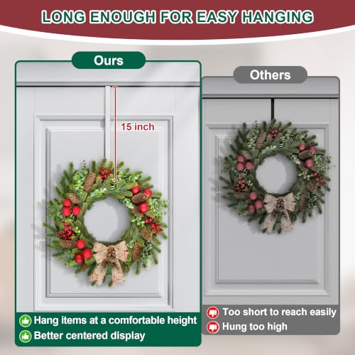 Image of 15 inch Reversible Wreath Hanger for Front Door, Fits Most Doors up to 1-3 /4 inch | Heavy-Duty Steel Over The Door Hooks up to 80 LBS for Daily Holiday Halloween & Christmas Wreaths, Door Decor, White, 1 PC
