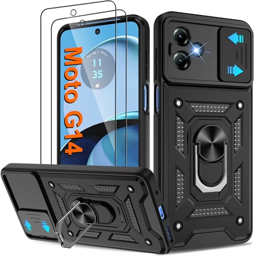 Pilaru Shockproof Case for Motorola G14 Phone Military-Grade Drop Proof Dual-Layer Protective with Camera Slide Cover | Precision Hole Built-in Kickstand & 2 Screen Protectors for Moto G14 Black