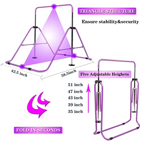 Amrta Gymnastics Bars For Home With Rings Set Purple, Adjustable Height Training Balance Kip Monkey Bar Folding Horizontal Gymnastic Equipment, For Kids Children Junior Toddler Baby Ages 3-10 #TOP1