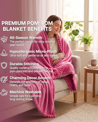 Image of VAS COLLECTIONS Premium Plush Fleece Blanket 250 GSM | Ultra Soft Lightweight Cozy Throw with Pom-Pom Trim | Multipurpose for Bed, Sofa, Couch, Travel & Camping | 228x228 cm (90x90 Inches), Pink