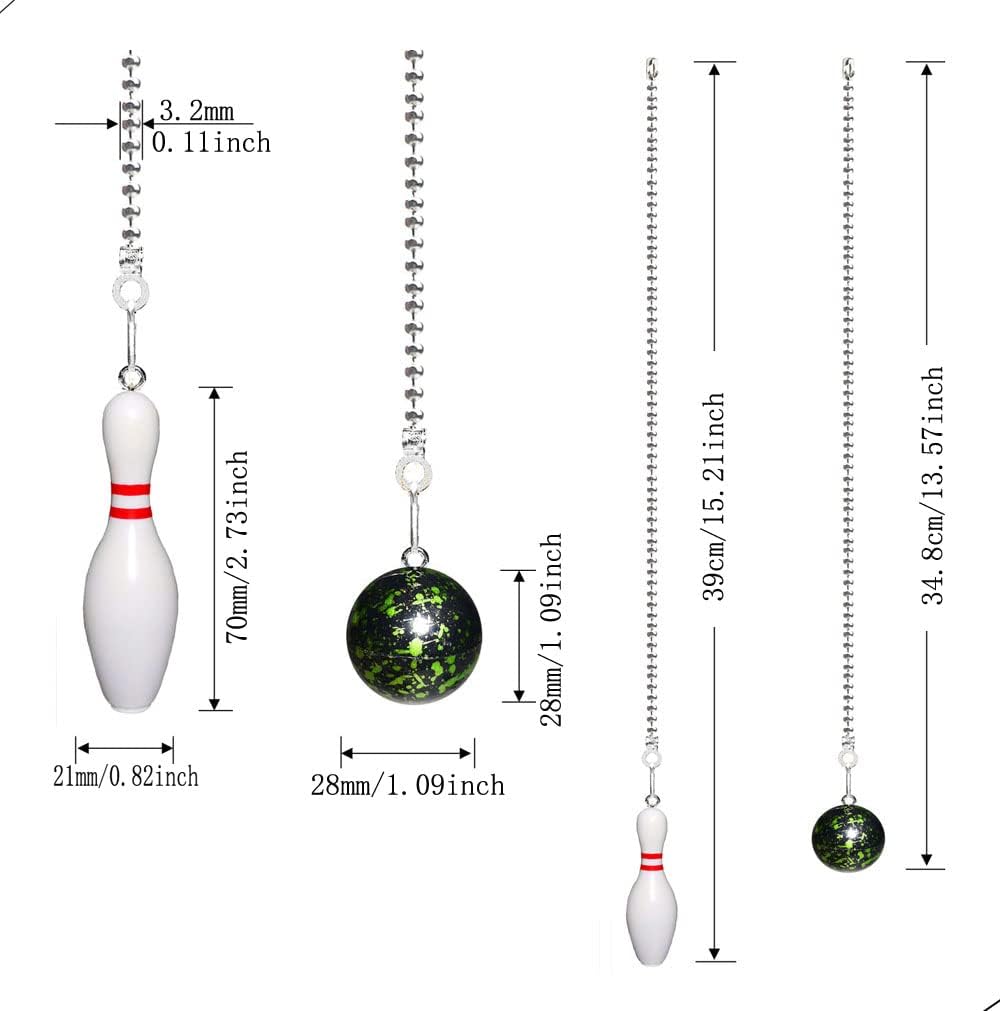 Ceiling Fan Pull Chain Extender, 2-Pack 12 Inch Bowling Pin Fan Light Danglers with Ball Chain Connector for Pull Chains on Ceiling Fans & Lights