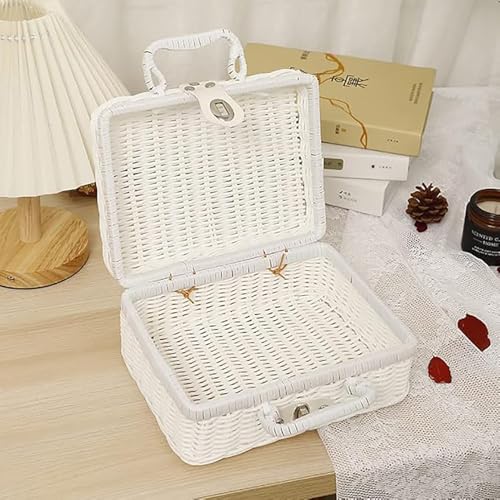 Geflochtener Rattan-Koffer Aufbewahrungskorb mit Griff, Gewebte Picknickbox, Handgewebt, mit Metallschloss, Vintage Geschenkbox aus Weide für Camping, Hochzeit, Fotografie, Deko (Weiß)
