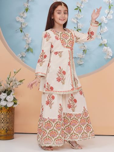 Image of Preneum Girls's Cotton Rayon Gota Pati Multi Floral Printed Angrakha Kurta with Sharara & Dupatta