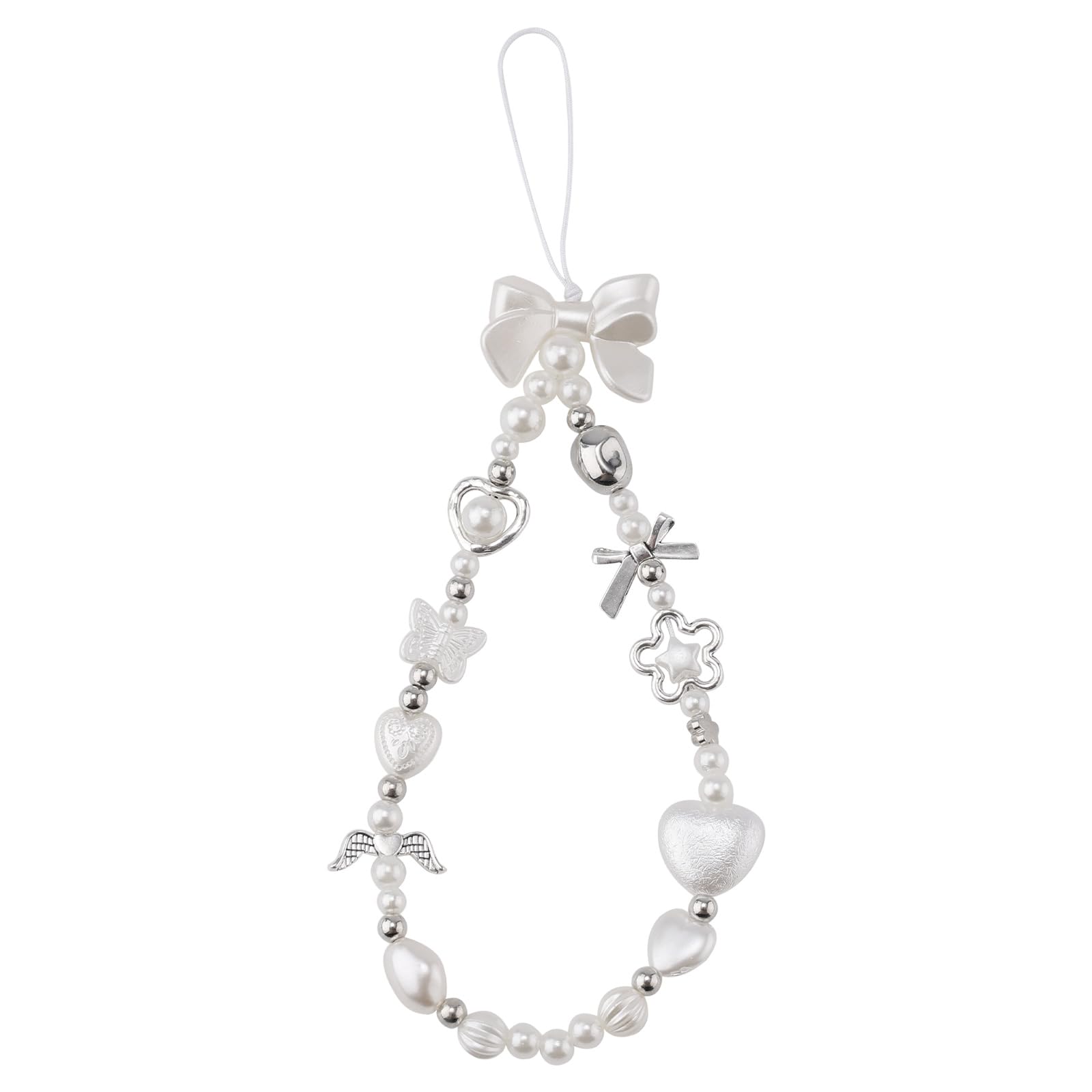 Gosknor Phone Charm Strap, Heart Bow Beaded Phone Charm Cute Y2K Phone Bracelet Strap Phone Keychain Charm Pearl Phone Lanyard Chain Beaded Phone Wrist Strap for Key Ring Backpack Wallet Camera